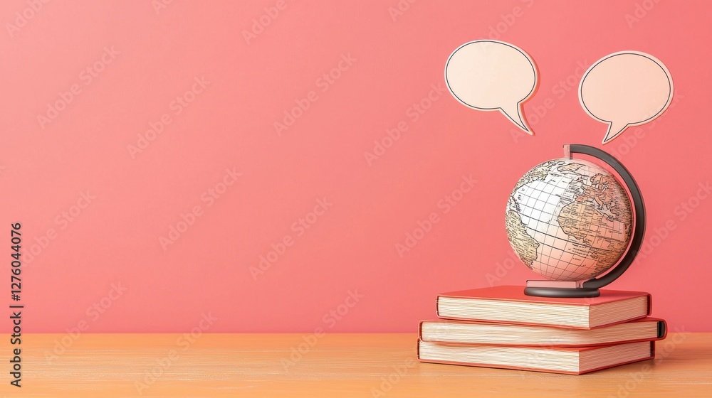 Aufkleber dynamic 3d design featuring globe on stacked books with speech bubbles against pink backdrop