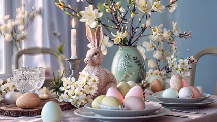 A beautifully arranged table features pastel eggs, delicate flowers, and a charming bunny, creating a festive Easter atmosphere