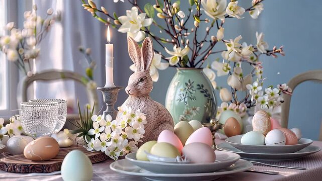 A beautifully arranged table features pastel eggs, delicate flowers, and a charming bunny, creating a festive Easter atmosphere