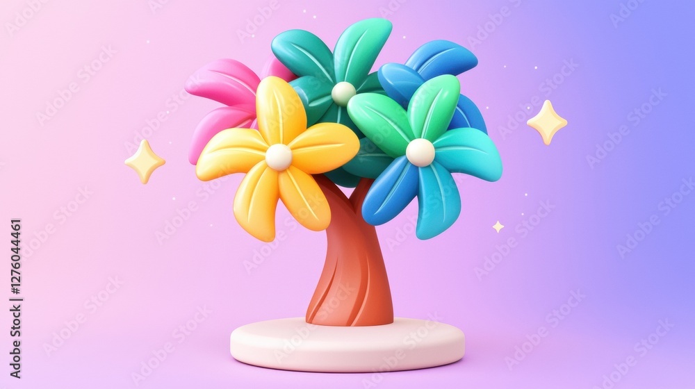 Poster vibrant stylized tree with multicolored flowers against a soft gradient background