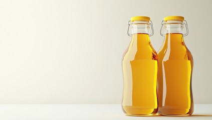 Two clear glass bottles with yellow lids, studio shot, product mockup