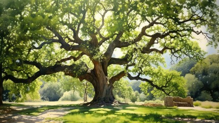 Obraz premium landscape oak tree water color