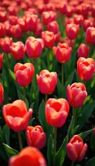 Fototapeta premium Overhead shot of a field filled with blooming tulips, floral arrangement, open fields, garden blooms