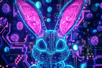 Fototapeta premium A high-tech, futuristic Easter Bunny with robotic elements, glowing neon outlines, and a background filled with circuit board patterns and digital Easter eggs.