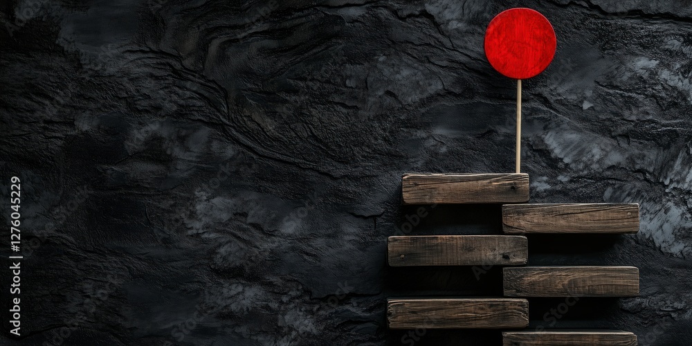 Poster reaching the target: a symbolic representation of progress and achievement, featuring a staircase le