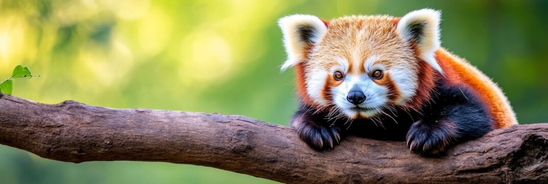 Red Panda on Branch - Adorable red panda resting on a tree branch, surrounded by lush greenery