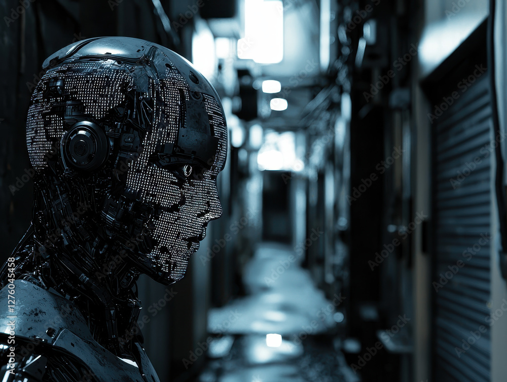 Poster masked ai figure stands in dark alley with one human face and glitching code, creating an unsettling