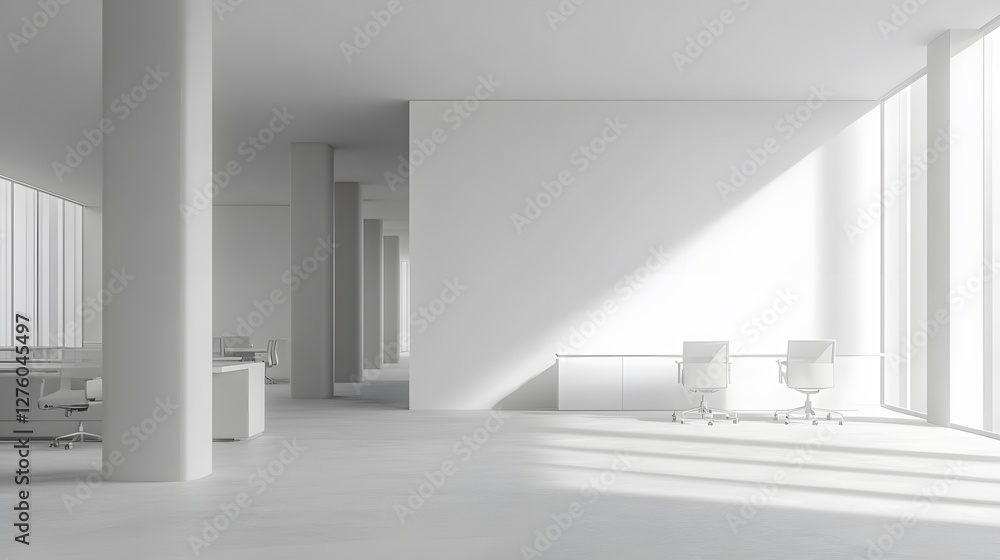 Canvas Prints Modern office interior with desks and chairs in an open space setting, featuring a blank white wall on the right for copy space. 3D Rendering,

