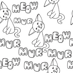 cute kitten with emotions with a smile and lettering meow murr seamless pattern vector character kids black and white Illustration base for textile tableware stickers printing