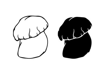 Line sketch, stamp, silhouette of porcini mushrooms. Vector graphics.
