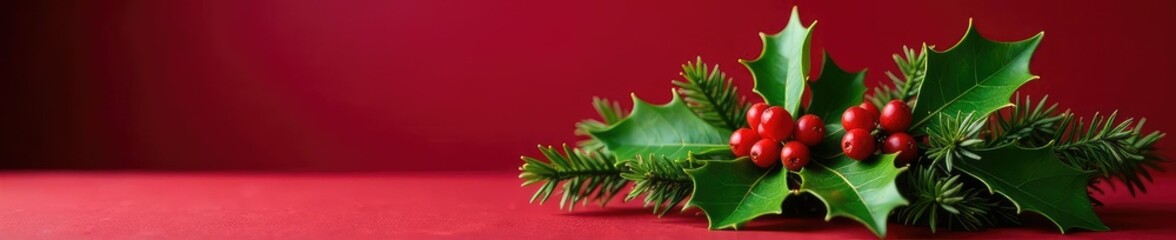Green holly sprigs with red berries in a decorative centerpiece on a table against a dark red background, Christmas decorations, evergreen