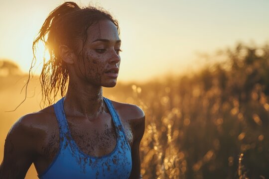 Muddy female athlete pauses after a challenging sunset run, reflecting on her achievement.