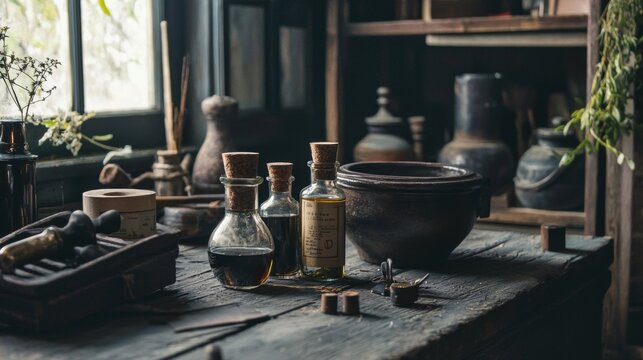 Vintage alchemist laboratory with glass bottles