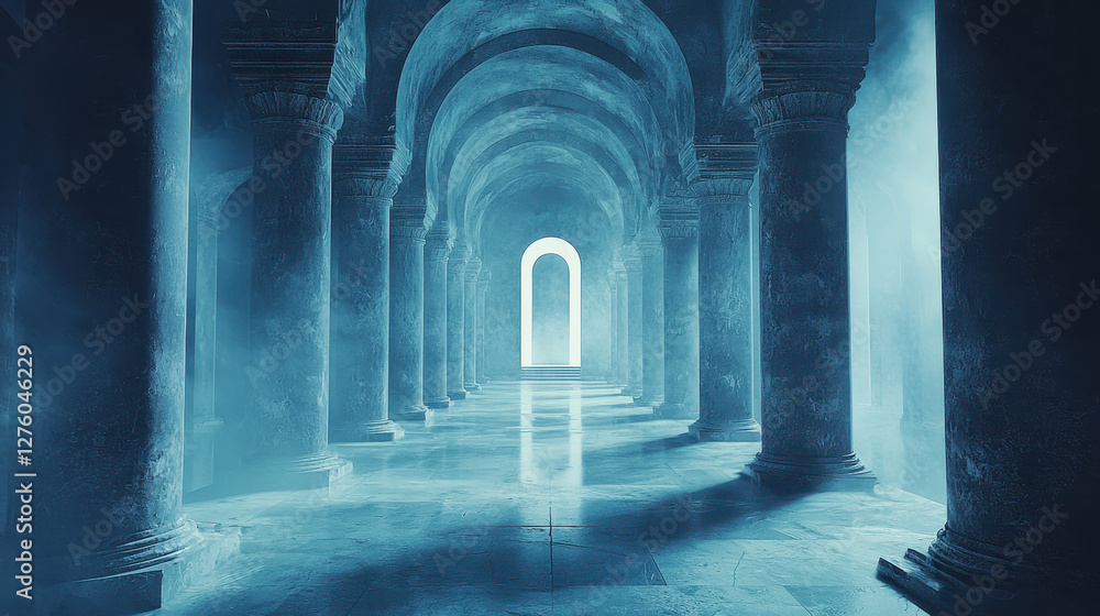 Poster mesmerizing avant-garde installation with infinite mirror reflections and digital fractal projection