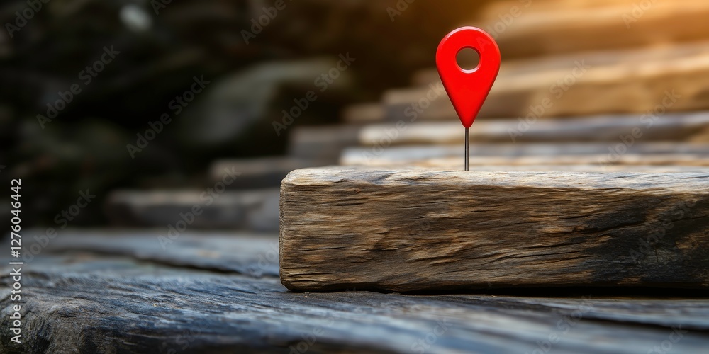 Poster navigating the path: a strategic red location marker pinpointing a journey forward atop weathered st