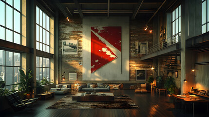 Urban loft apartment interior design, morning sun, city view, modern furniture, relaxing atmosphere, ideal for real estate listings