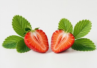 Strawberry cut into two equal parts, fresh green strawberry leaves, isolated on white background