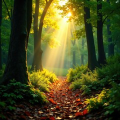 Obraz premium Dappled light filters through the trees, illuminating a carpet of fallen leaves and ferns, woods, earthy tones, dappled light