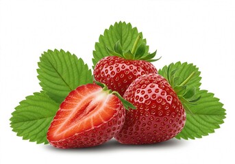 Two red strawberries and half of them cut, green strawberry leaves in the background, isolated on white background