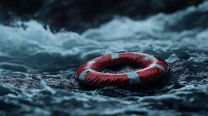 Life ring floats amidst turbulent ocean waves.