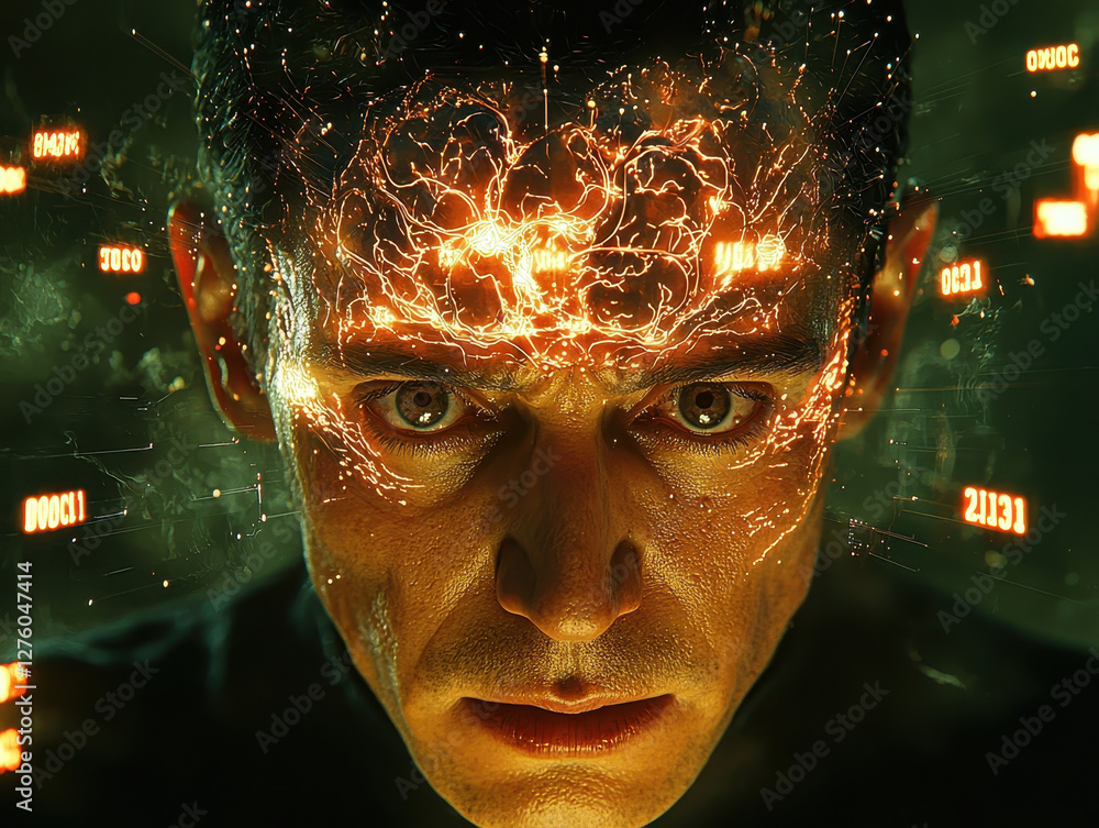 Poster scientist faces advanced ai brain in glass enclosure, displaying evident doubt and fear as warning m