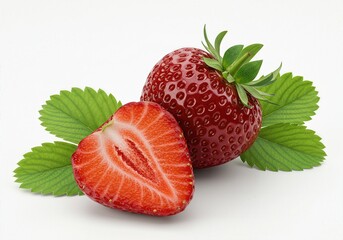 Fresh red strawberries with green leaves and half a strawberry cut lengthwise, isolated on white background
