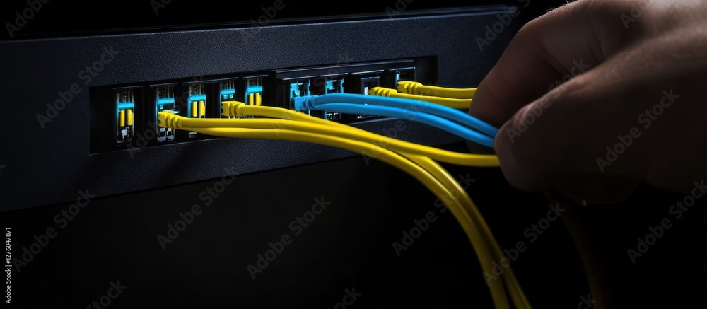 Poster connecting network cables: high-speed data transfer and server maintenance
