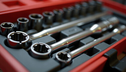 Professional Socket Wrench Set in Chrome and Red for Mechanical Precision Work