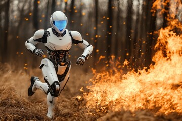 Fototapeta premium A White Robot Running in a Burning Forest with Orange Flames and Glowing Sparks