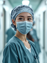 Medical Professional Wearing Surgical Cap in Hospital Hallway