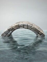 An ancient stone bridge arching over calm water at dusk.