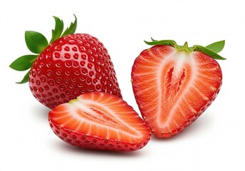 Close-up photo of a ripe strawberry with two cut halves, neatly arranged on a white background