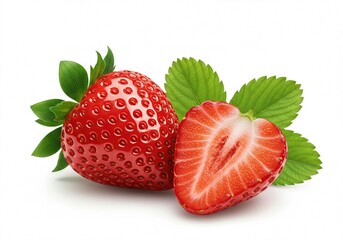 Fresh red strawberries with green leaves and half a strawberry cut lengthwise, isolated on white background