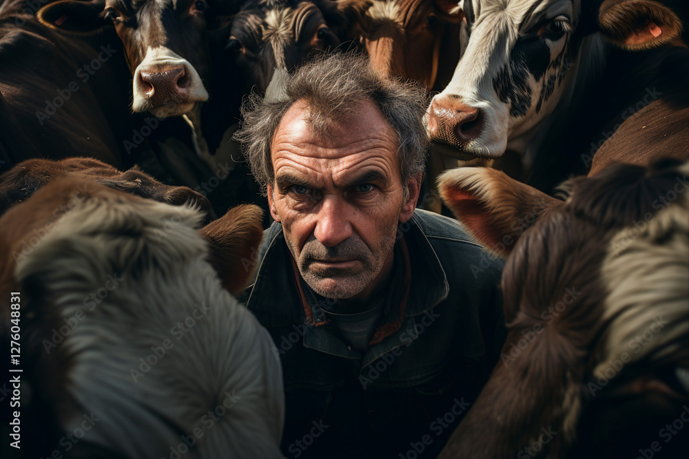 Poster generated with ai technology image of a mature man grazing cattle on a field