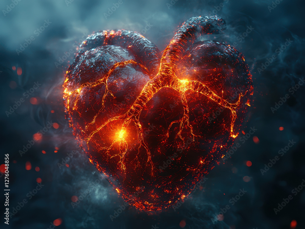 Poster surreal fusion of human emotion and artificial intelligence in a hyperrealistic heart with glowing d