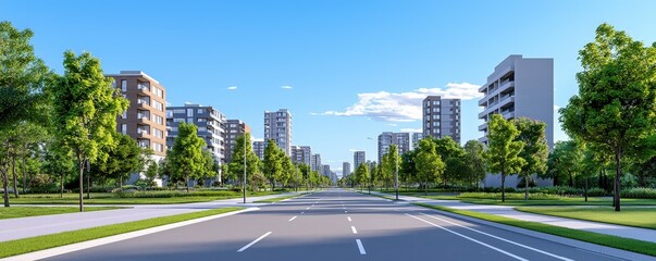 Obraz premium A modern urban road lined with trees and contemporary buildings under a clear blue sky, creating a vibrant and inviting cityscape.
