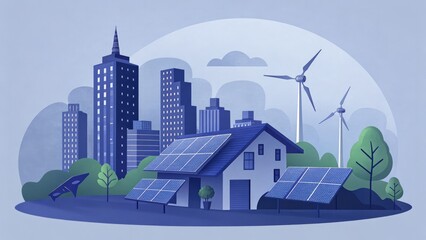 Environmental Science Impact concept, Urban Sustainability with Solar Panels and Wind Turbines for Clean Energy Solutions