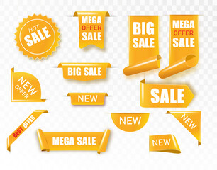 Golden satin ribbon tag. Gold textile label for sale promotion text. Discount and special offer badge. Vector