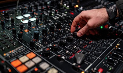 A musician adjusts an analog and digital mixer to test the sound system.
