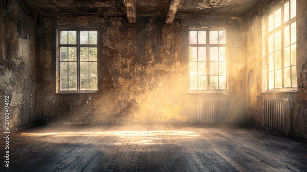 Poster empty rustic room with sunlight streaming through windows