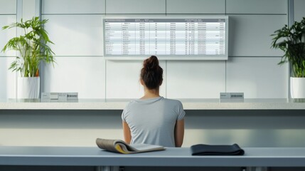 Airport counter with a solo traveler preparing for a spiritual retreat in India. Featuring mindfulness and serenity