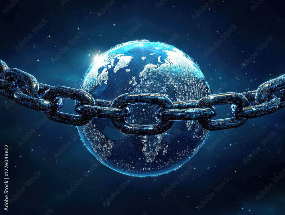 Poster transparent futuristic globe showcasing digital blockchain chains for global cybersecurity protectio
