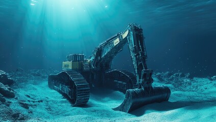 Underwater excavator, seabed mining, sunbeams, wreckage