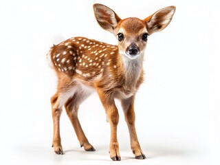 Fototapeta premium Adorable Fawn, Bambi, Isolated on White Background - High-Resolution Panoramic Stock Photo