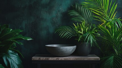 Dark moody still life with tropical plants and ceramic bowl