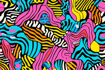 A funky Memphis-style 90s pattern featuring wavy lines, chunky geometric elements, and a chaotic mix of bright neon colors.
