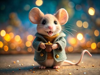 Adorable Felt Mouse in Tiny Coat Holding Tooth - Whimsical Child Photography