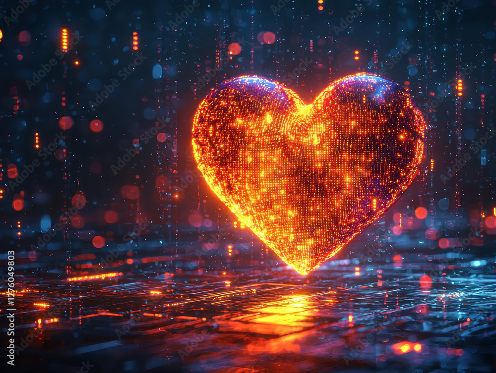 Poster pulsating heart of neon data dynamically expresses human emotions in ultra-realistic detail