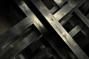 Obraz premium A brutalist digital background with sharp, intersecting metallic beams, dark shading, and a grungy industrial atmosphere.