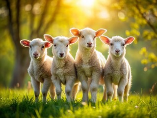 Fototapeta premium Adorable Fluffy Lambs Playing in Spring Meadow - Perfect for Easter Cards and Spring Themes